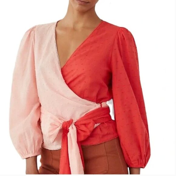 NWT Anthropologie Farm Rio Pink & Red Colorblock Wrap Blouse Top Size Medium JB - Picture 2 of 7